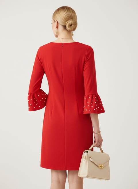 kolları inci detaylı kırmızı elbise