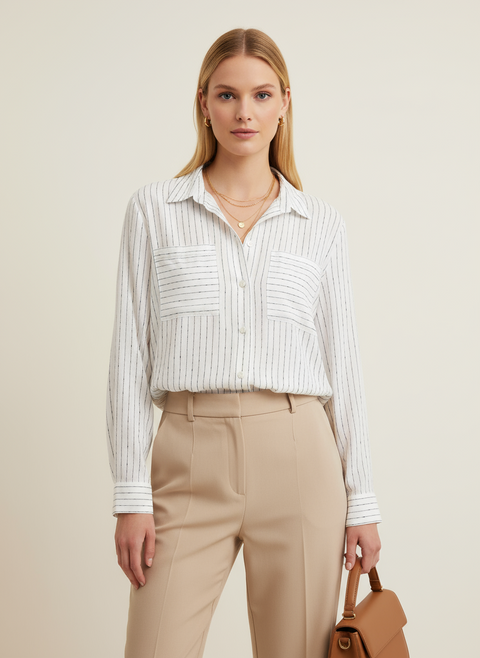 Siyah çizgi cepli beyaz gömlek