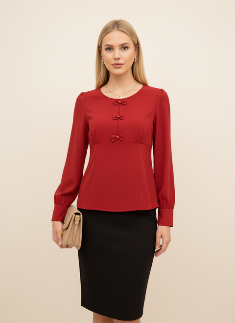 Önü kurdele detaylı kırmızı bluz