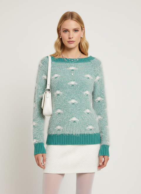 Yeşil renginde beyaz desen işlemeli kazak