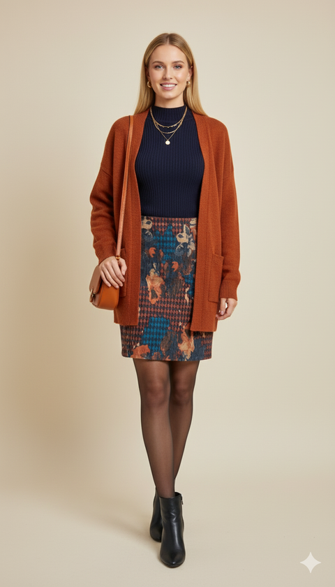 Kahverengi turkuaz kaz ayağı desenli beli lastikli kalem etek