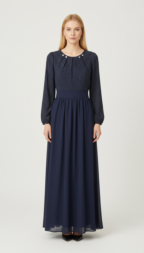 Puantiye desenli yakası metal düğme detaylı uzun elbise