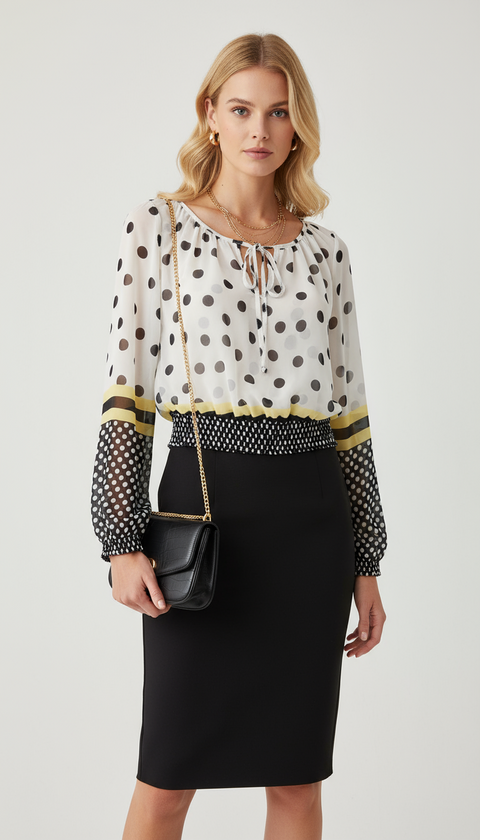 Yakası bağlama detaylı Karışık puantiye detaylı sarı şeritli kolları lastikli şifon bluz