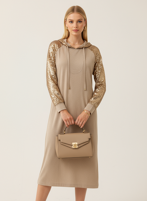 Kapüşon ve kol şeritlerinde Gold detaylı elbise