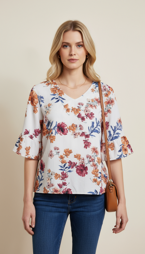V yaka Fırfır truvakar kol çiçekli bluz