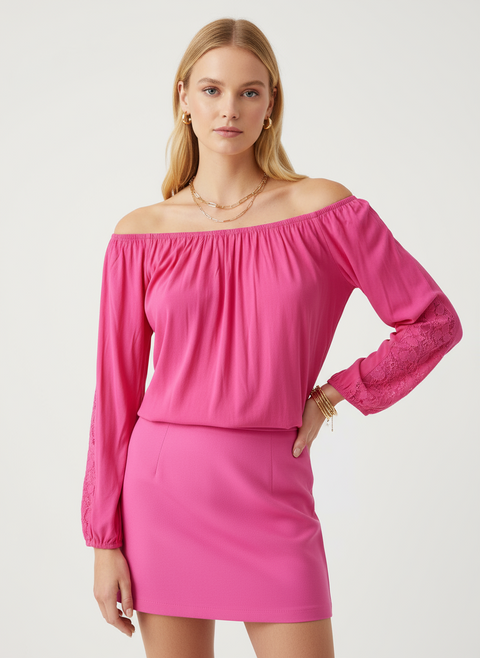 Lastikli yaka pembe bluz