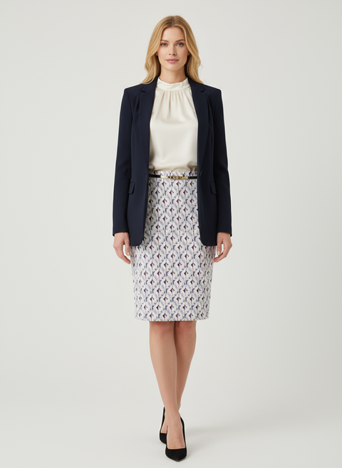 Asimetrik desenli beyaz lila etek