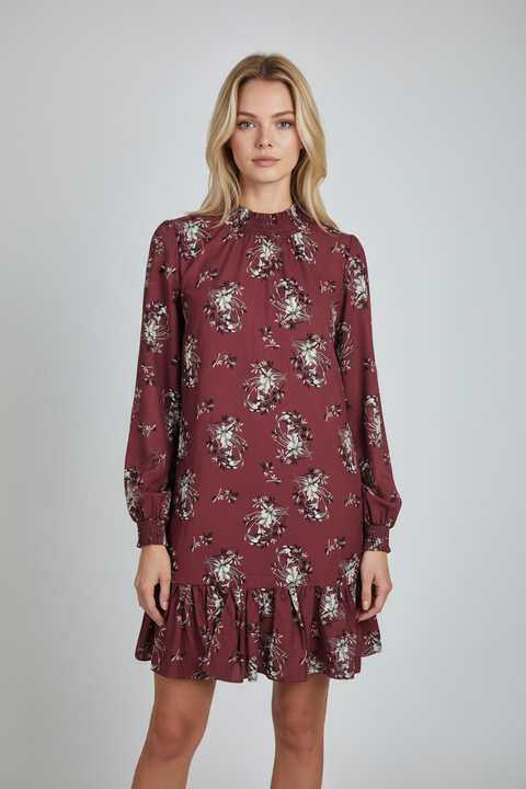 çiçekli bordo elbise