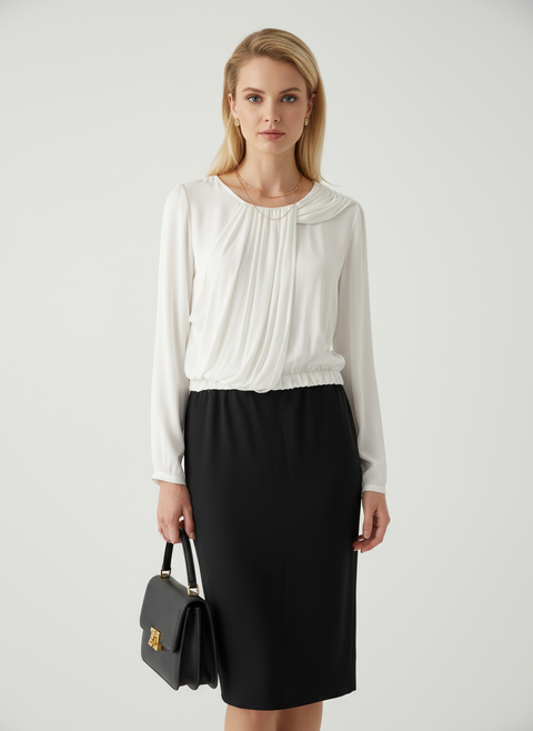 Üstü pileli beyaz altı siyah elbise