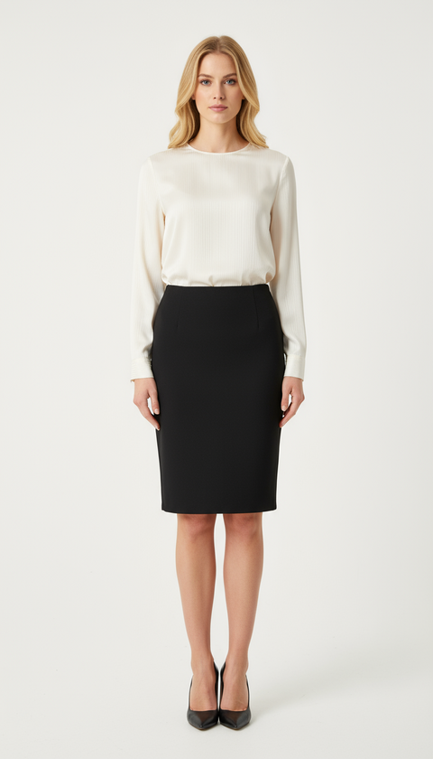 Yan fermuarlı bel lastikli siyah kalem etek