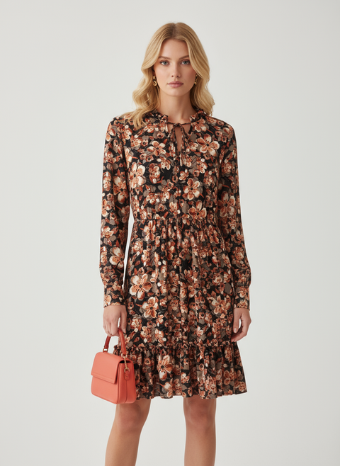 Turuncu çiçek desenli elbise