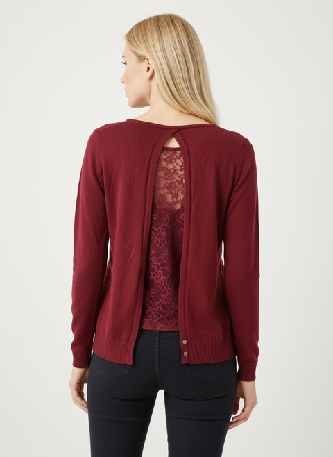 Bordo yak fermuar detaylı arkası dantel kazak