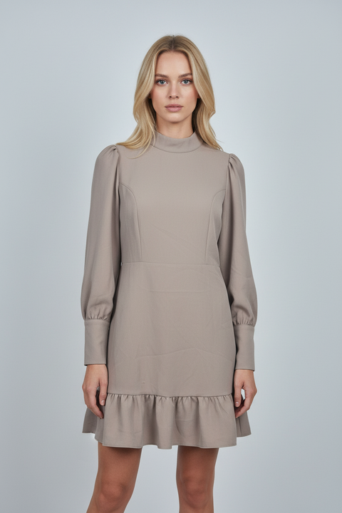 Ucu fırfır detaylı vizon elbise