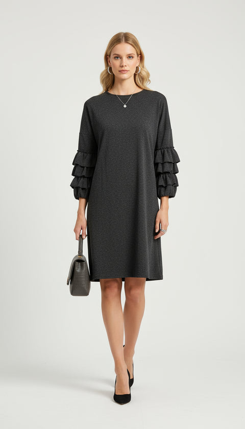 kolları kat fırfır detaylı füme elbise