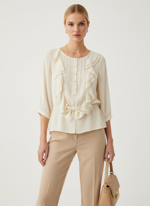 Önü fırfır detaylı beyaz bluz