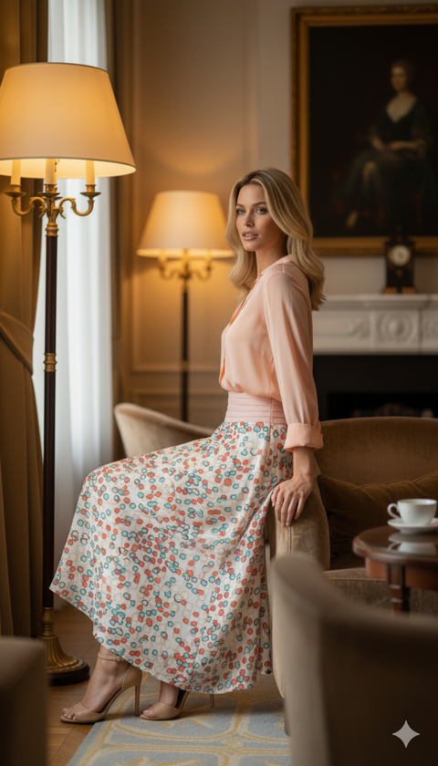 Desenli şifon maksi boy etek