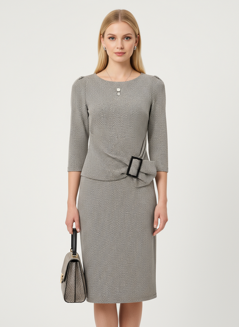 siyah beyaz beli kemer detaylı elbise