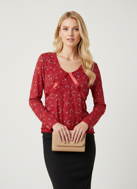 Çiçekli kurdele detaylı kırmızı bluz