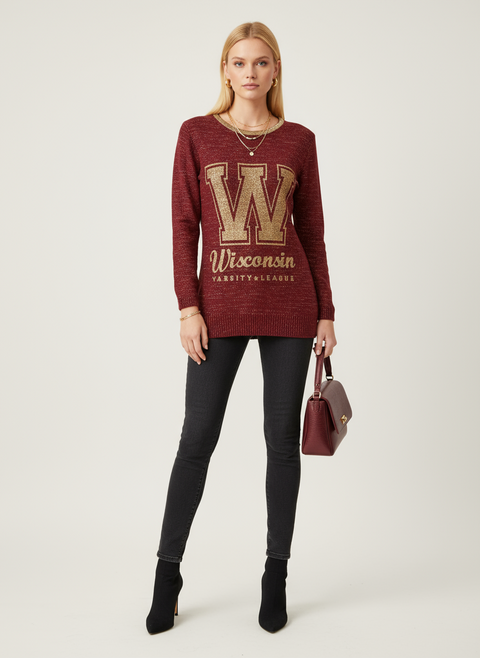 Simli iple örülmüş yazılı kırmızı kazak