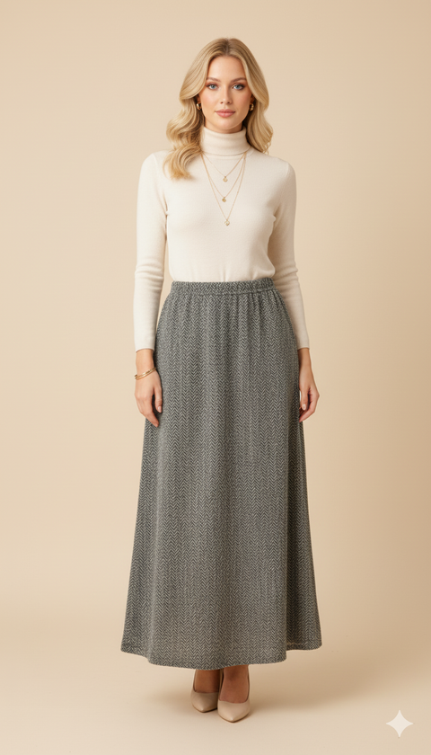 Maksi boy desenli yeşil etek