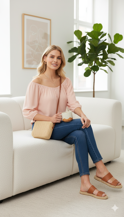 Düşük omuz truvakor kol pembe bluz