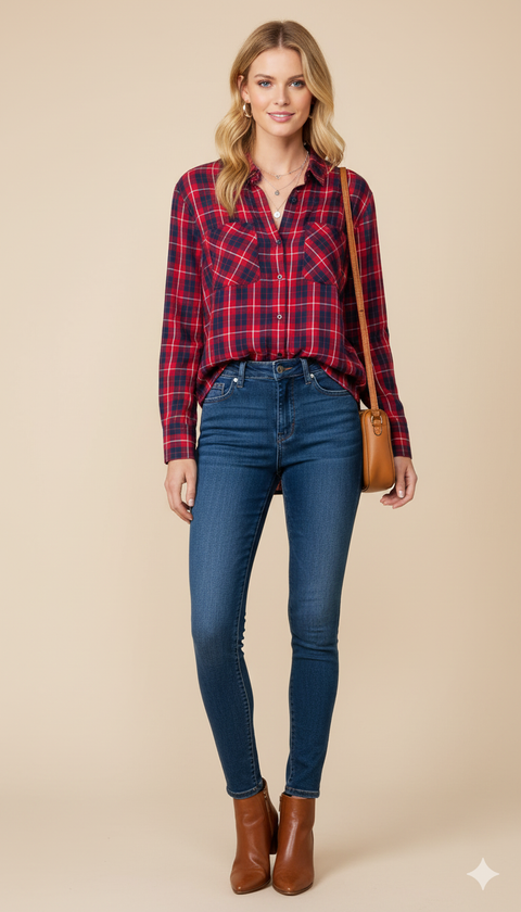 Kırmızı lacivert ekose desen uzun kol gömlek