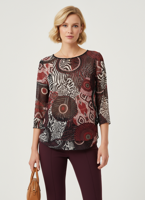 karışık desenli kırmızı leopar renk bloklu bluz
