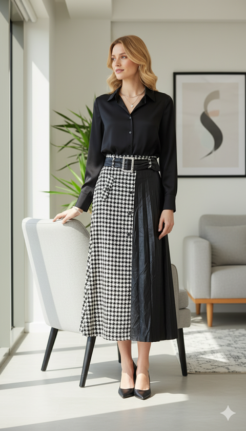 Yan kısmı deri kemer detaylı kaz ayağı desenli maksi boy etek