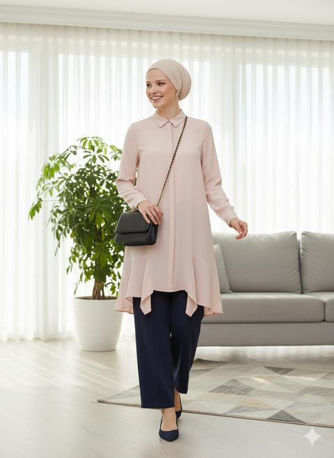 Gizli düğme detaylı uçları iki uçu pile detaylı toz pembe tunik