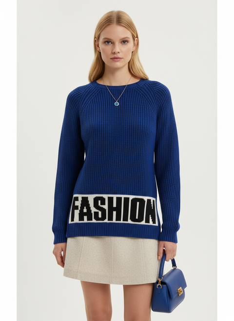 Lacivert yazılı kazak