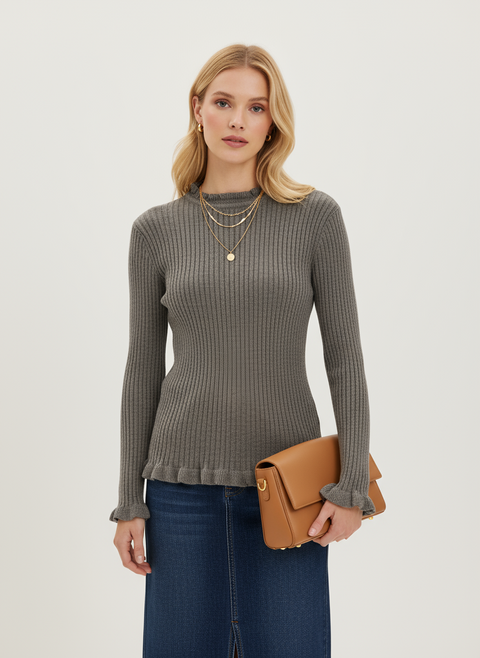 Fitilli koyu gri kazak