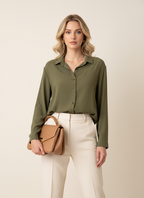 düğmeleri taş detaylı yeşil gömlek