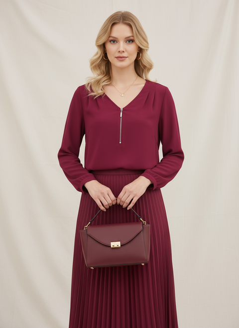 Önü fermuarlı v yaka mürdüm bluz