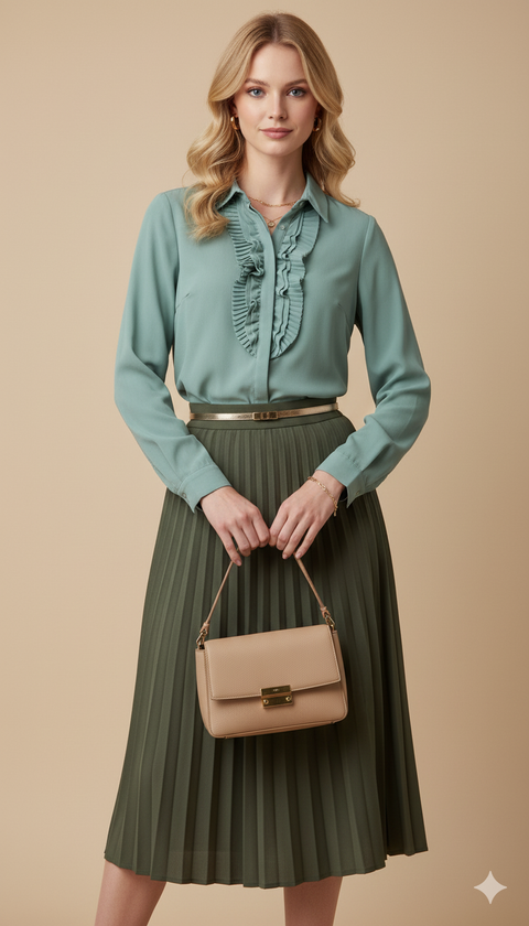 Göğsü düğme kısmı fırfır detaylı yeşil uzun kol gömlek