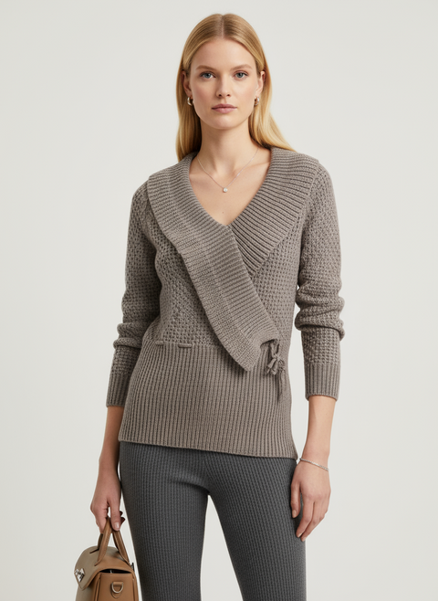 Gri şal yaka bağlama detaylı triko Kazak