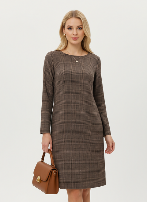 Ekoseli kahverengi elbise