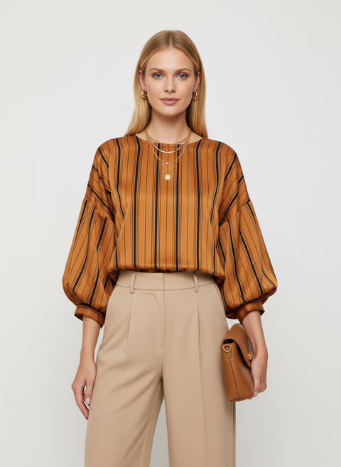 Arkası bağlamalı çizgli kahverengi bluz