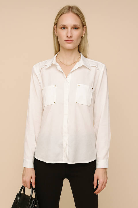 Cepleri gold zımba detaylı beyaz gömlek