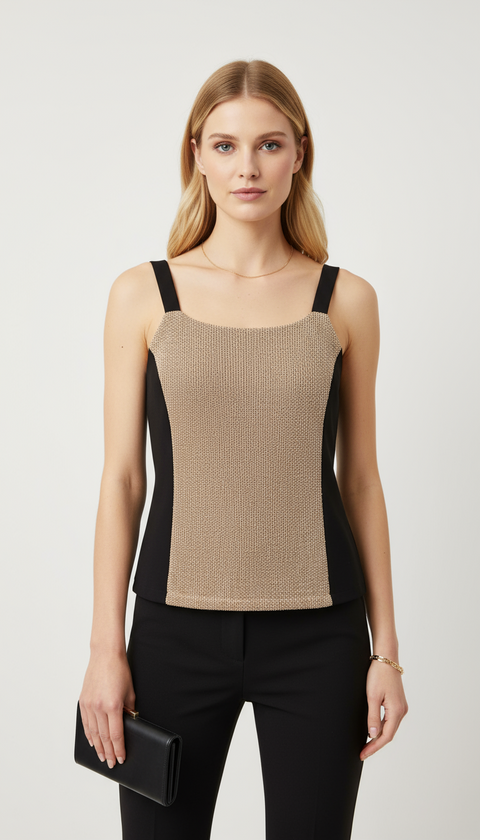 Askılı ön kısmı örme gold detaylı siyah bluz