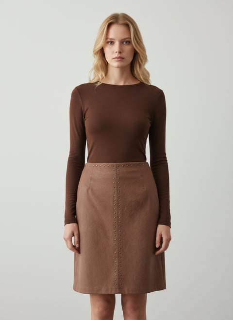 Zımba detaylı kahverengi nubuk etek