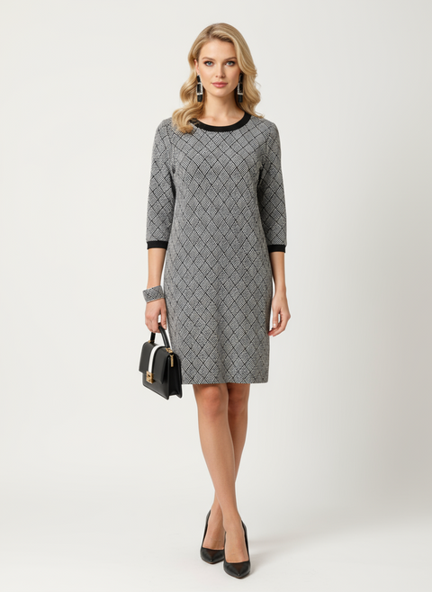 Yaka ve kolları siyah geçişli gri elbise