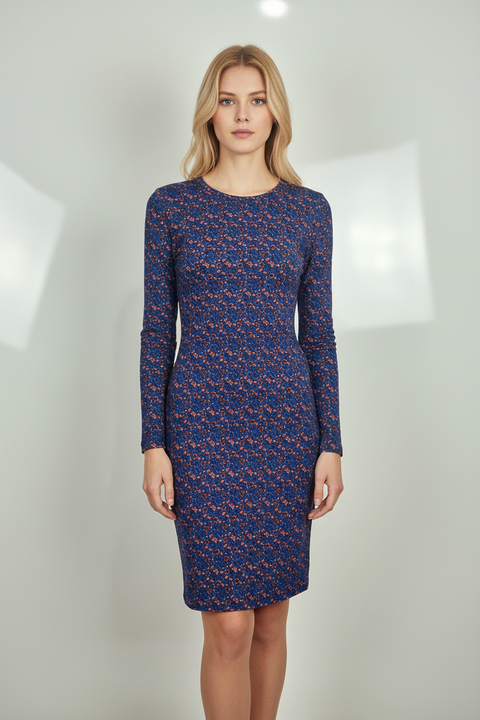 kırmızı çiçekli lacivert elbise