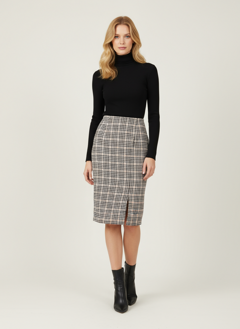 Ekoseli önü yırtmaç detaylı etek