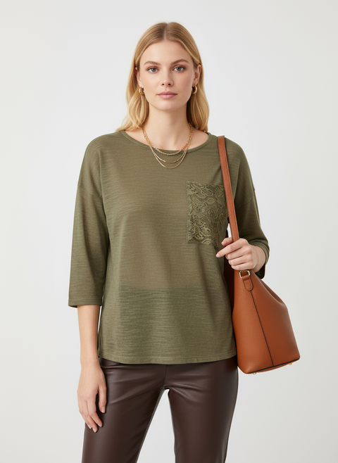 Dantel cep detaylı truvakar kol haki triko kazak