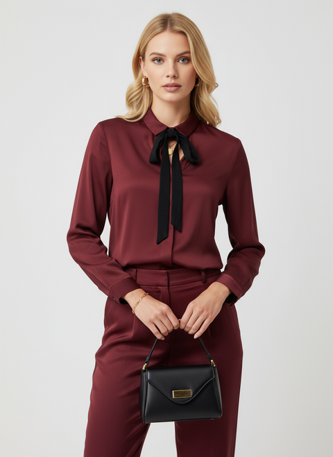 Siyah kurdele detaylı bordo gömlek