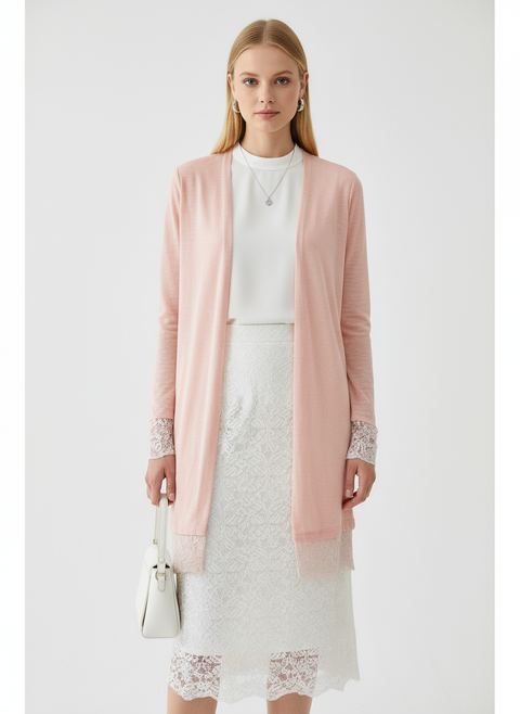 Pembe dantel detaylı hırka