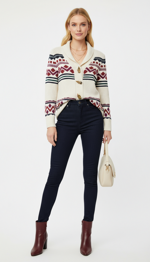 Krem üzerine etnik desenli arkası kemerli ceket