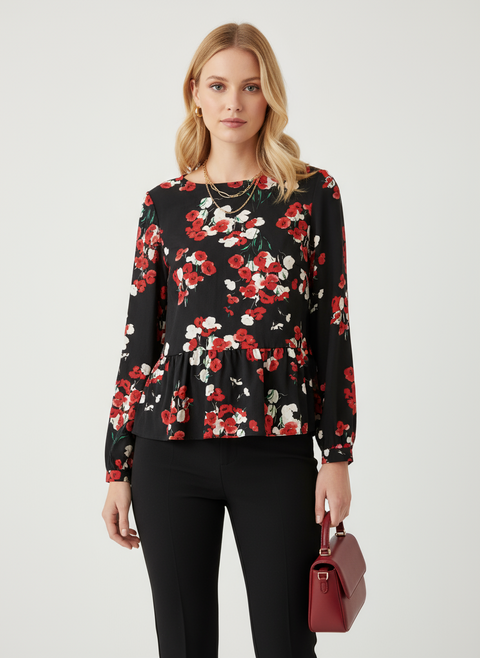 Kırmızı çiçekli siyah bluz