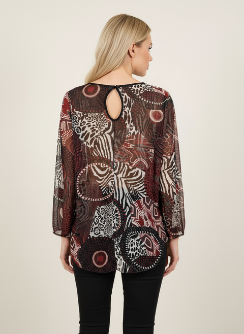 karışık desenli kırmızı leopar renk bloklu bluz