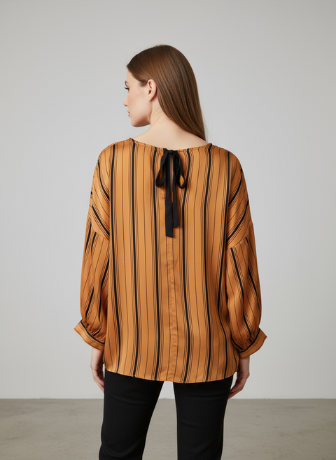Arkası bağlamalı çizgli kahverengi bluz